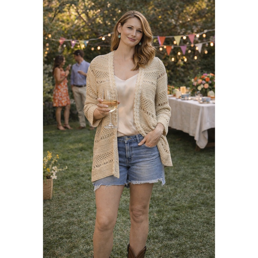 Boho Cottagecore Cream Crochet Chicos Small Cream Crochet‎ Sweater 3/4 Sleeves